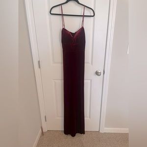 Maroon velvet maxi dress with skinny straps and slit